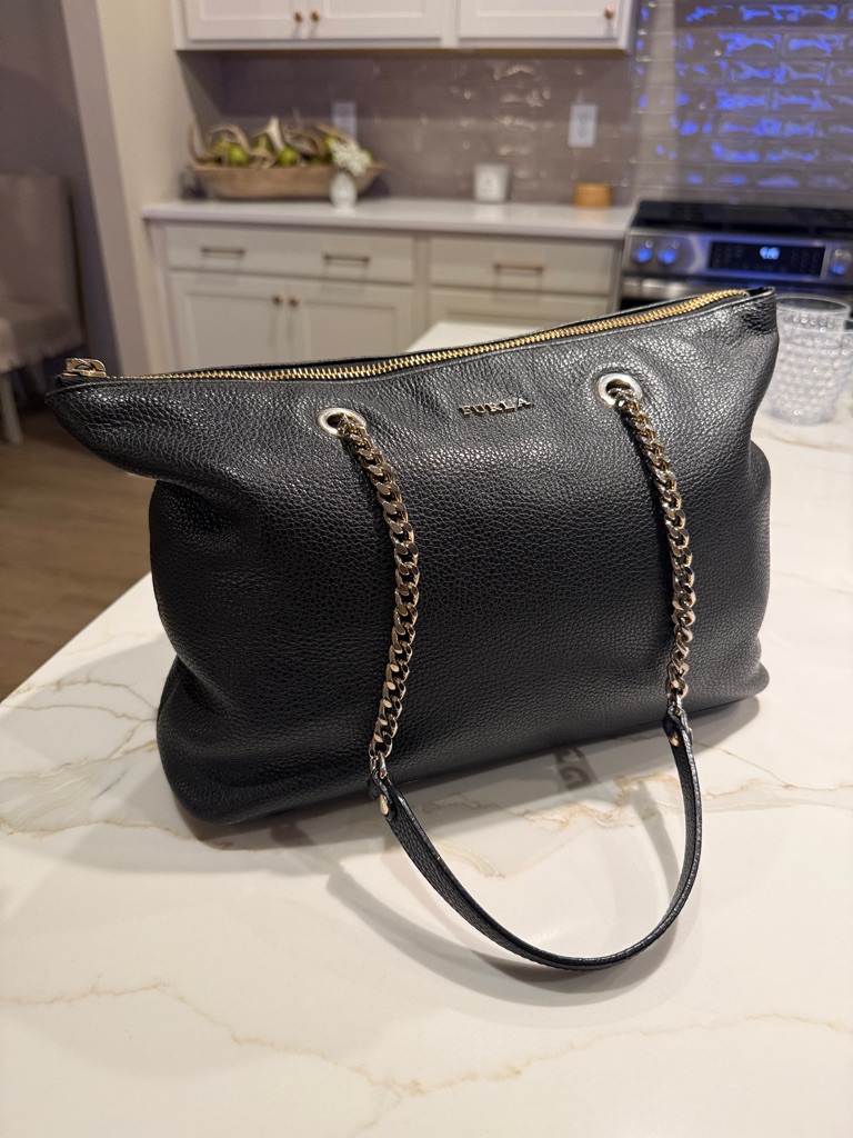 Furla Black Pebbled Leather Chain-Handle Tote